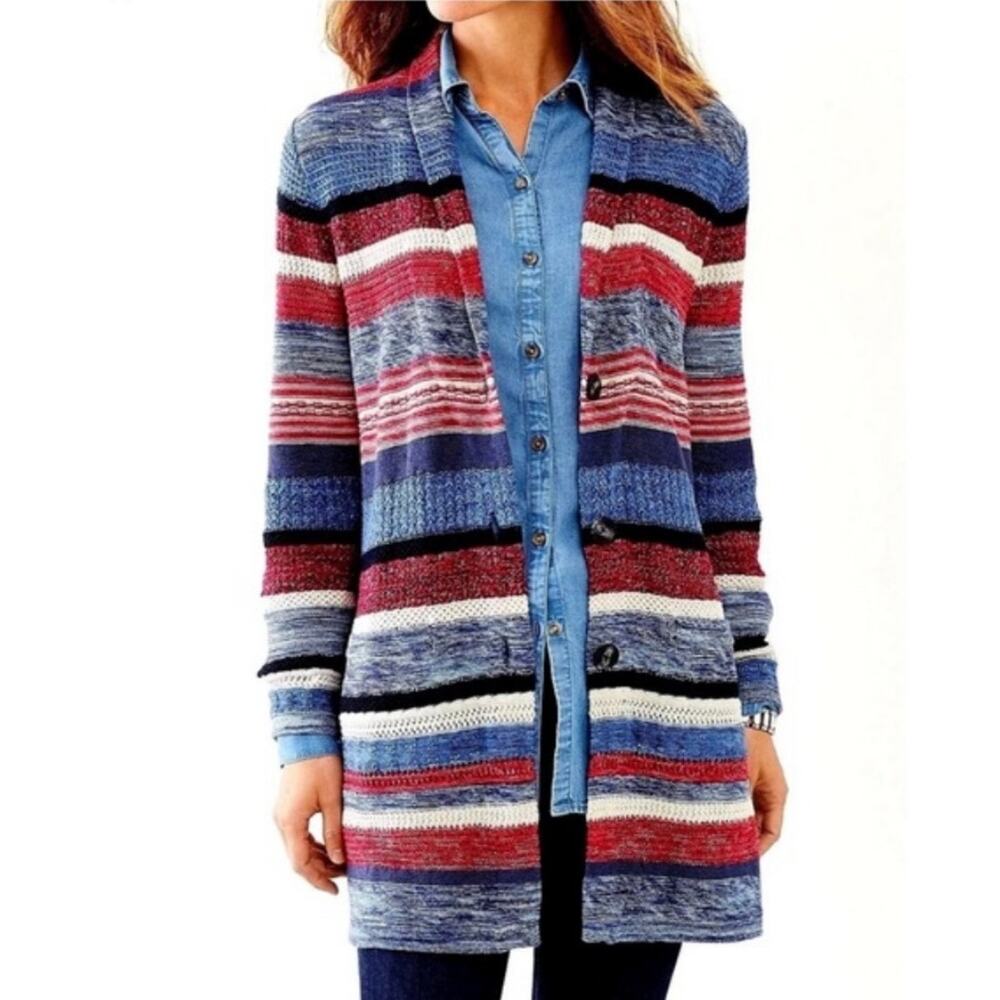 J. Jill Women 2X Shawl Collar Duster Cardigan Cotton Linen Blue Red Striped Cozy - Picture 8 of 8